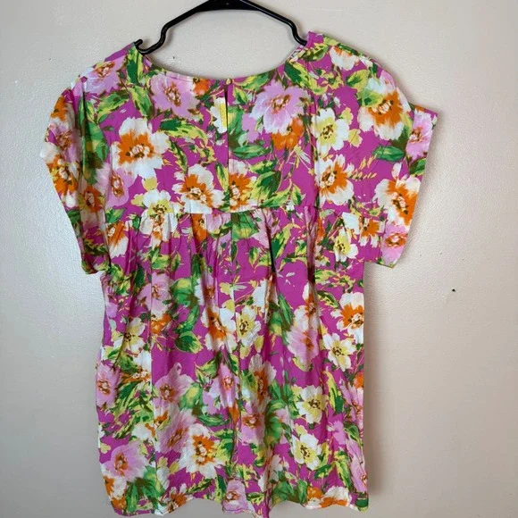 SALE Emily Wonder Womens Floral Print Short Sleeve‎ Button Back Tunic Top Size L - Picture 7 of 7